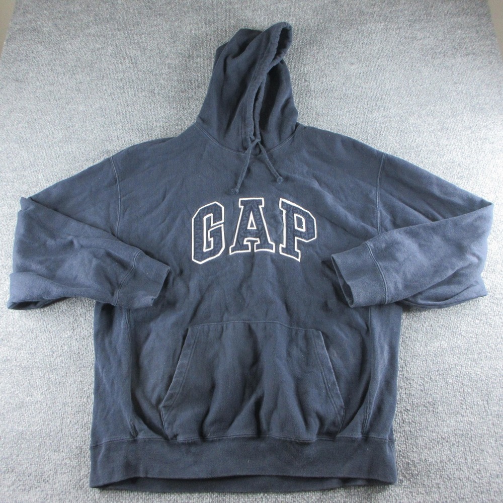 VINTAGE Gap Hoodie Mens L Blue Fleece Pullover Logo Spell Out Sweatshirt 90s